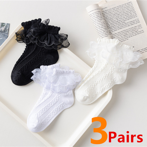 3 Pairs SummerGirls Socks Baby Kids Ruffle Sock Cute Baby Frilly Toddle Designer White Black Lace Kid Cotton Socks For 1-10Years 1B1M1W 1-3 Years(S)